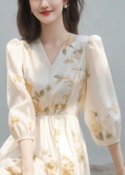 Art Beige V Neck High Waist Chiffon Dress Bracelet Sleeve