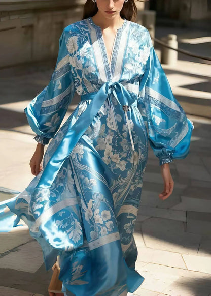 Blue Print Draping Silk Maxi Dress Lantern Sleeve