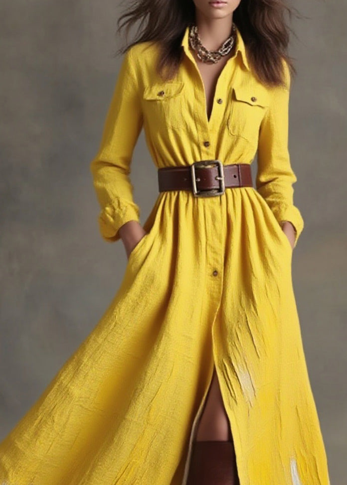 Yellow Peter Pan Collar Pockets Button Cotton Dress Spring