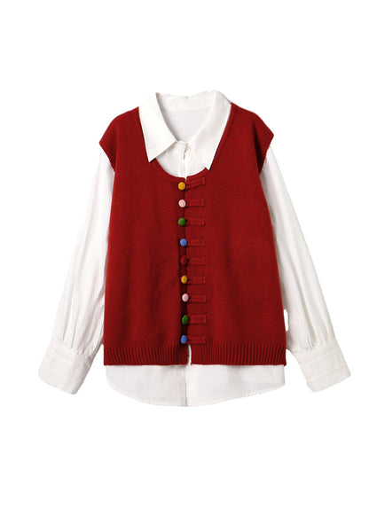 New Chinese Style Red Vest and Shirts Two Pieces Set Fall