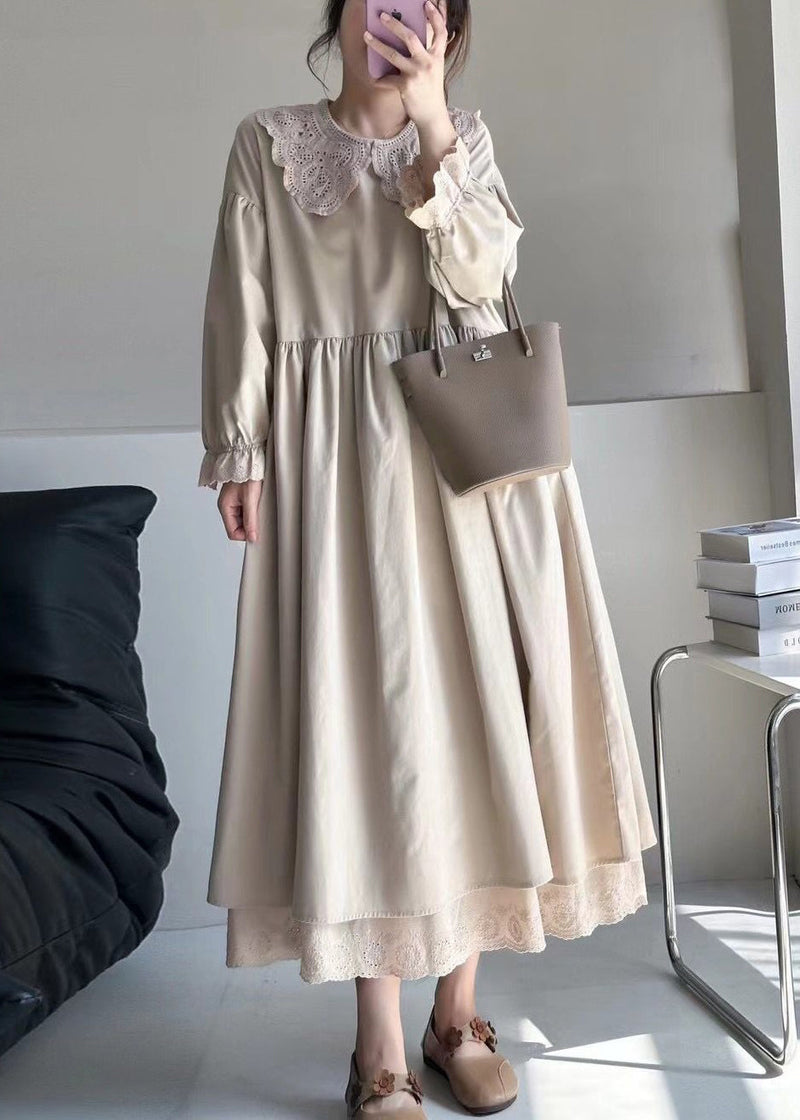 Beige Wrinkled Lace Patchwork Cotton Dress Spring