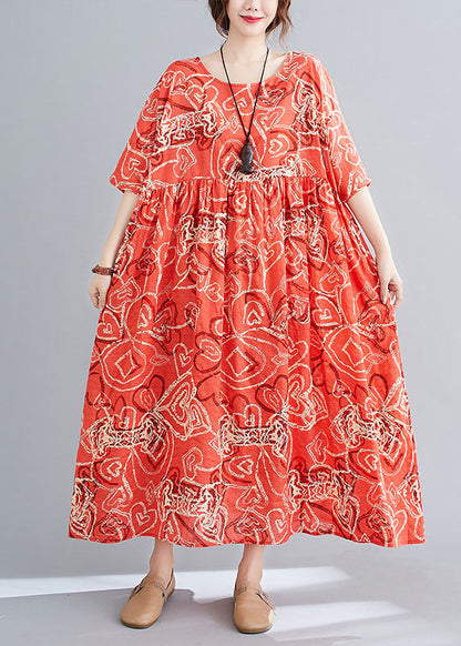 Modern Red O-neck Print Wrinkled Cotton Beach Dress Short Sleeve