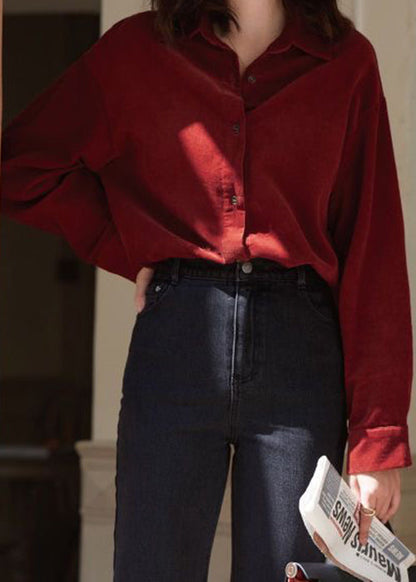 Loose Wine Red Peter Pan Collar Button Corduroy Top Long Sleeve