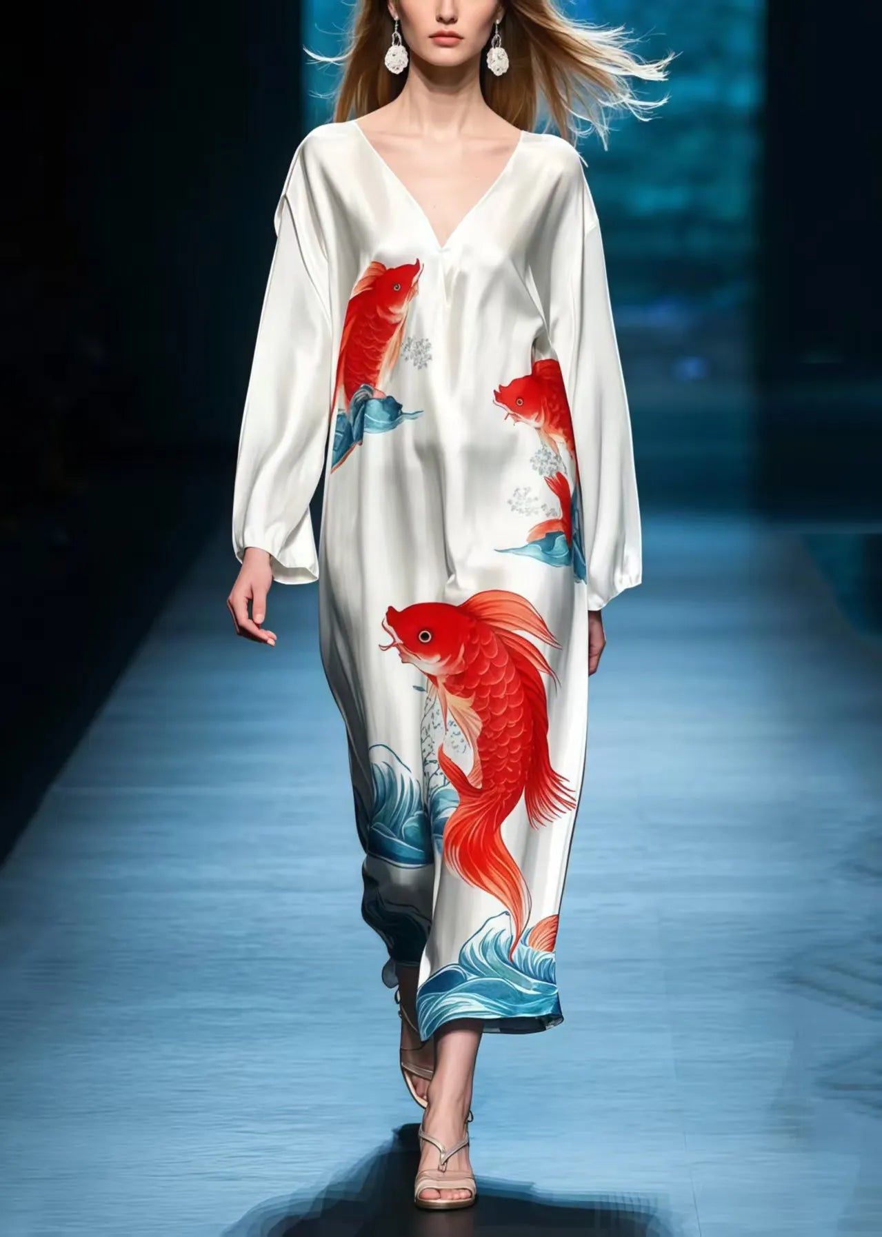 Simple White Oversized Koi Fish Print Silk Long Dresses Spring