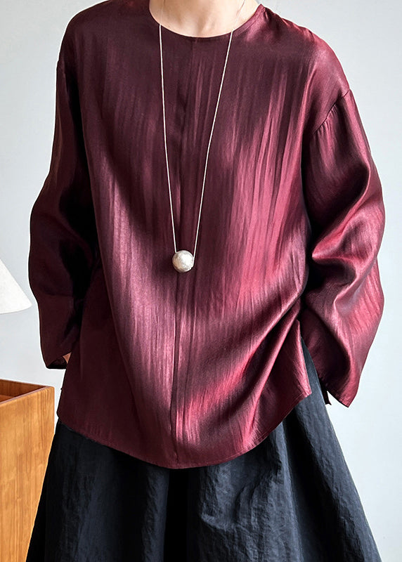 Boutique Simple Black O Neck Silk Shirts Long Sleeve