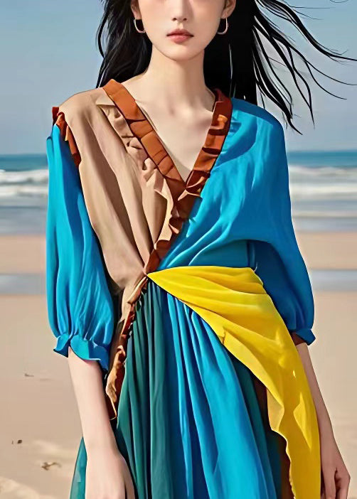 Blue Ruffled Patchwork Cotton Long Dresses Half Sleeve