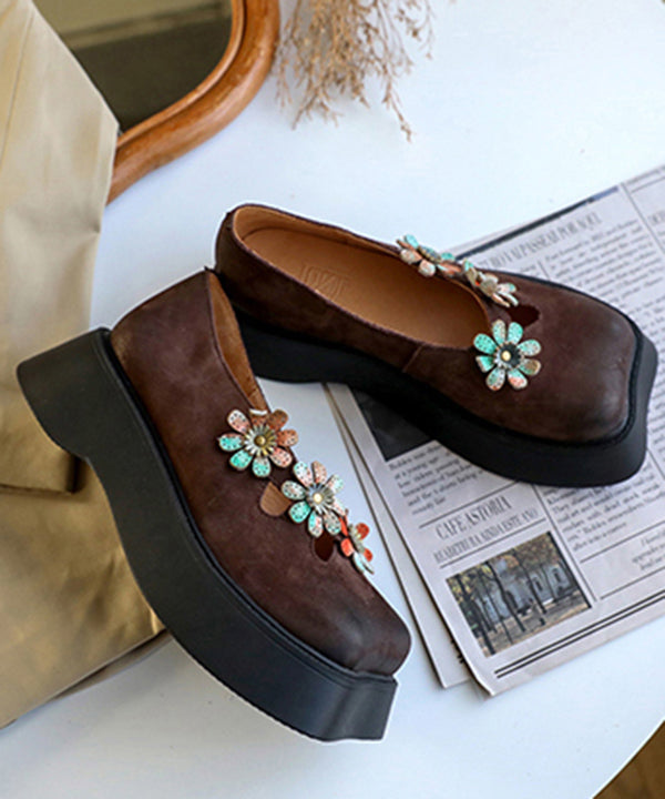 Chocolate Flat Feet Shoes Platform Cowhide Leather Unique Flat Shoes