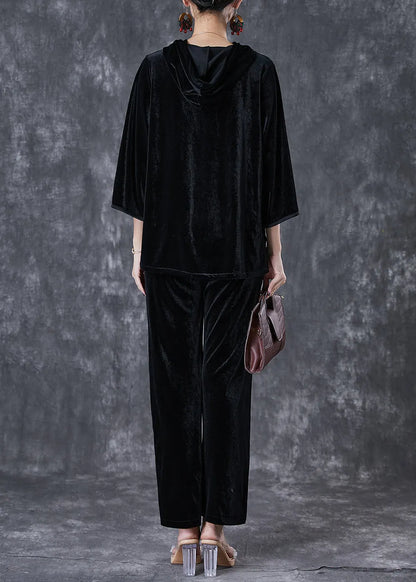 Black Tasseled Chinese Button Silk Velour Two Pieces Set Fall