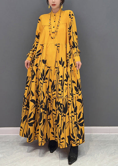 Yellow Stand Collar Print Wrinkled Button Maxi Dresses Long Sleeve