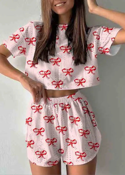 Art Hollow Out Print Cotton Pajamas Two Piece Set Summer