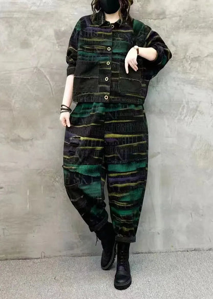 Green Print Tops and Pants Denim Two Piece Set Fall