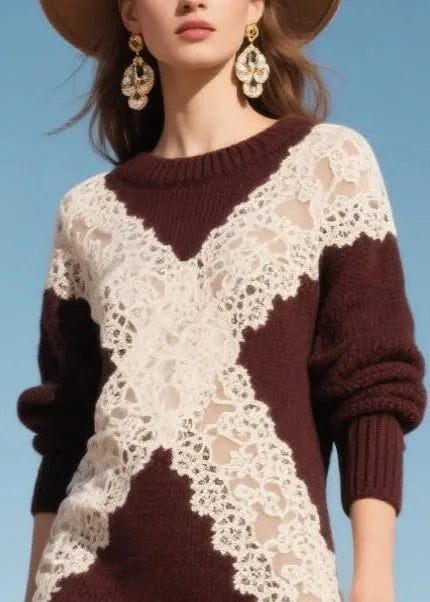 Mulberry Hollow Out Patchwork Lace Sweater Dress Winter