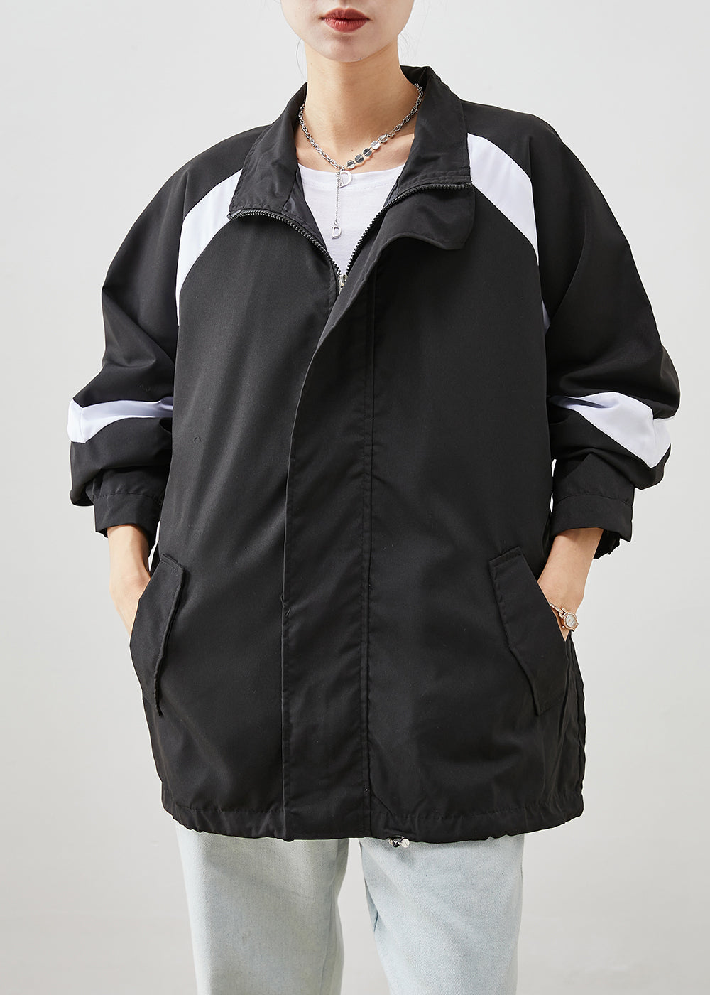 Black Oversized Patchwork Spandex Sweatshirt Jackets Winter