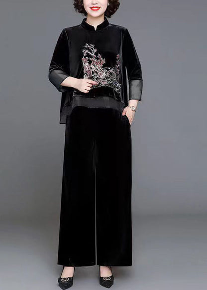 Black Stand Collar Patchwork Velour Two Pieces Set Fall