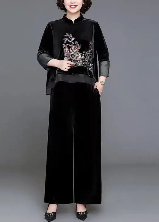 Black Stand Collar Patchwork Velour Two Pieces Set Fall