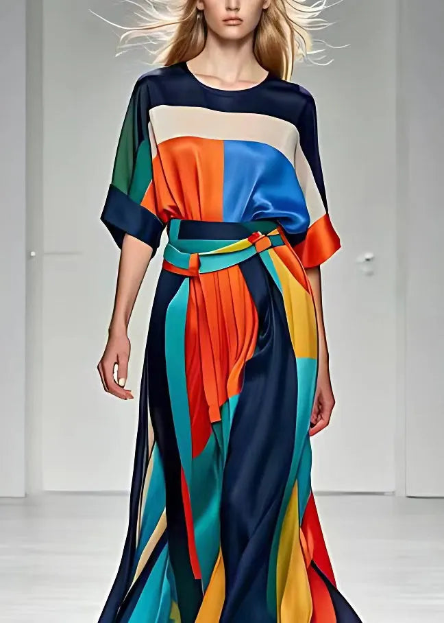 French Print Tops and High Waist Skirts Silk Dress Half Sleeve
