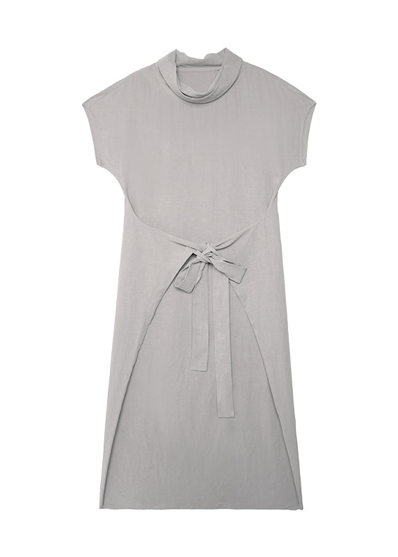 Grey Turtle Neck Lace Up Patchwork Cotton Long Dress Summer