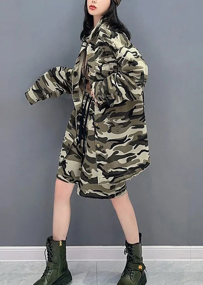 Camouflage Peter Pan Collar Zippered Print Coats and Shorts Two Pieces Set Spring