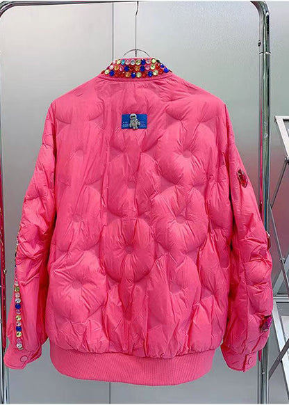 Fitted Rose O-neck Nail Bead Zircon Duck Down Down Coat Winter