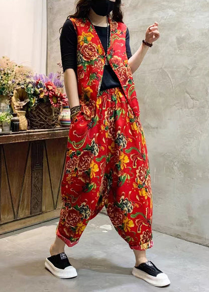 Red Print Elastic Waist Patchwork Cotton Two-piece Set Sleeveless