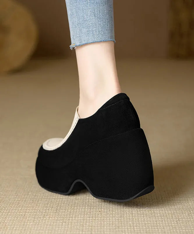 Handmade Black High Wedge Heels Cowhide Leather Splicing