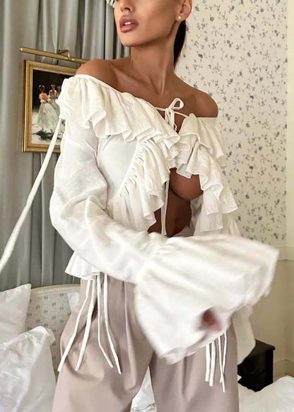 White Ruffles Cotton Shirts Flare Sleeve