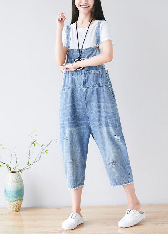 Light Blue Hole Pockets Cowboy Jumpsuits Spring