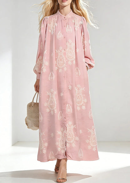 Pink Wrinkled Butto Long Dress Spring