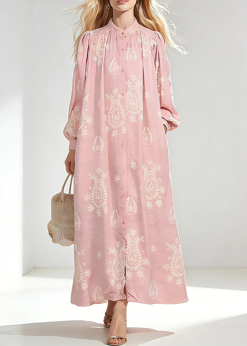 Pink Wrinkled Butto Long Dress Spring