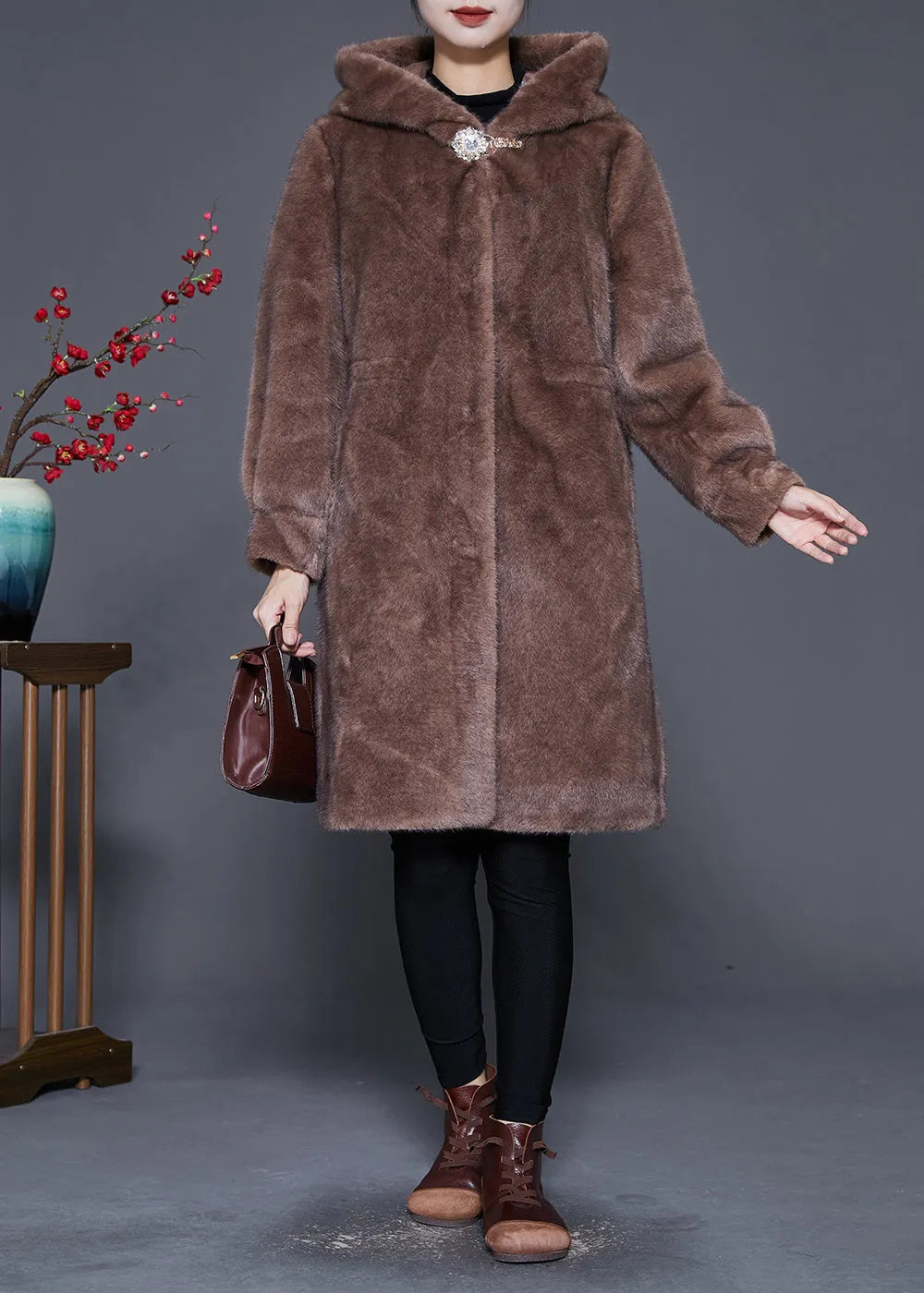 Coffee Hooded Warm Mink Velvet Coat Outwear Winter