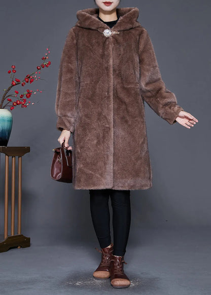 Coffee Hooded Warm Mink Velvet Coat Outwear Winter