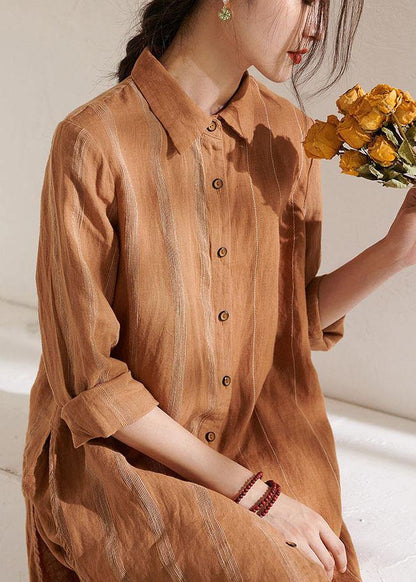 Caramel Side Open Long Shirts Wide Leg Summer Linen Two Pieces Set