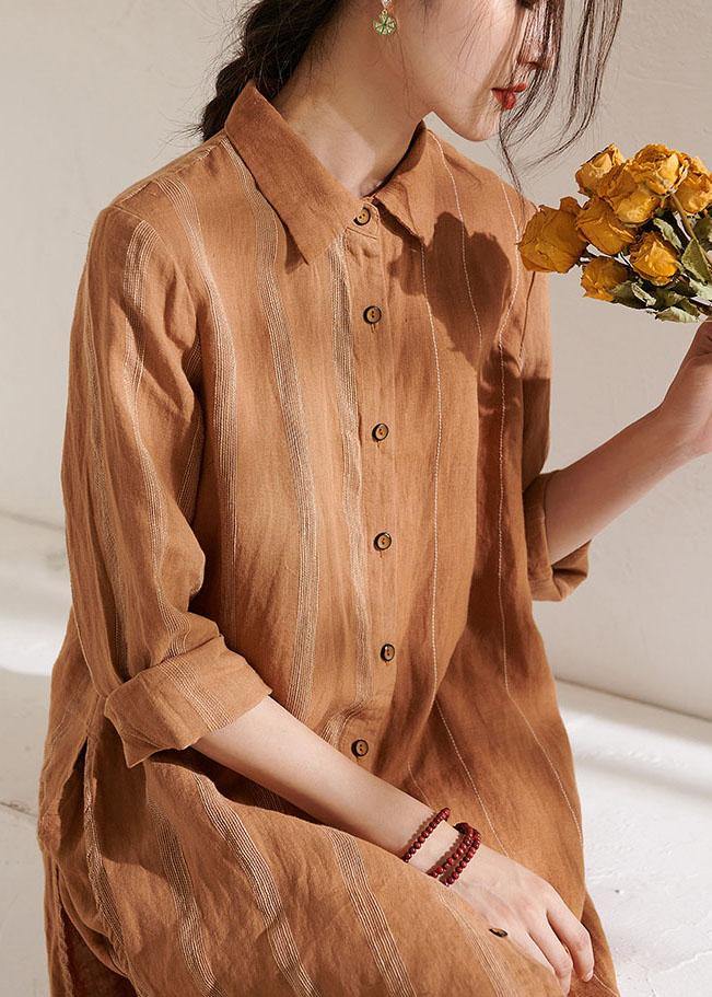 Caramel Side Open Long Shirts Wide Leg Summer Linen Two Pieces Set