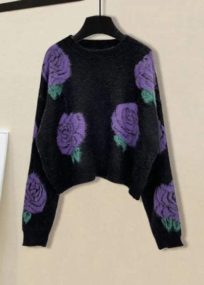 Black Print O-neck Cotton Knit Sweater and Straight Pants Two Pieces Set Spring