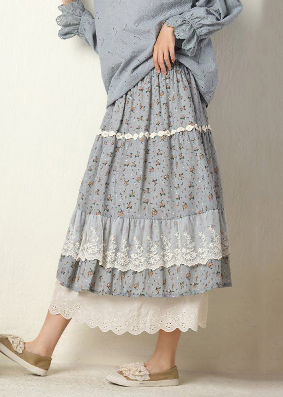 Navy Print Lace Elastic Waist Cotton Skirt Spring