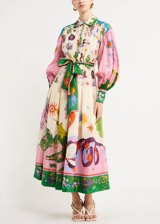 Loose Pink Print Tie Waist Cotton Shirts Dresses Long Sleeve Fall