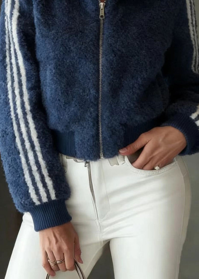 Blue Stand Collar Zip Up Striped Faux Fur Jackets Spring