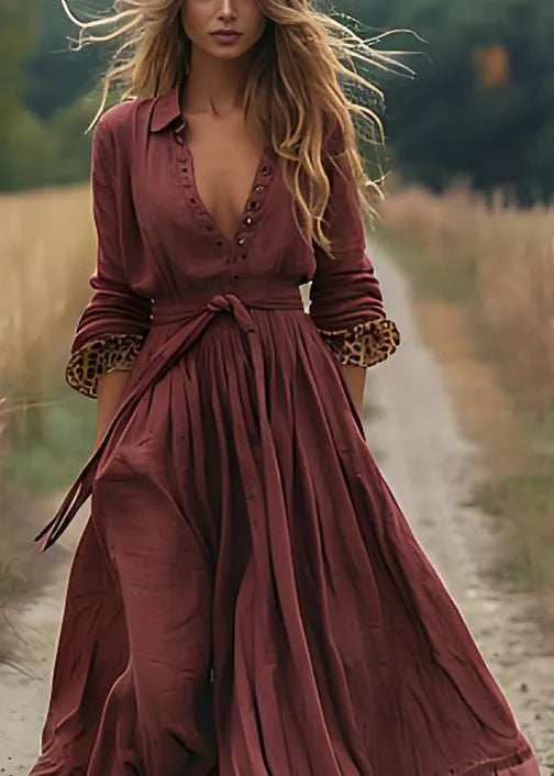 Brick Red Wrinkled Patchwork Cotton Robe Dresses Spring