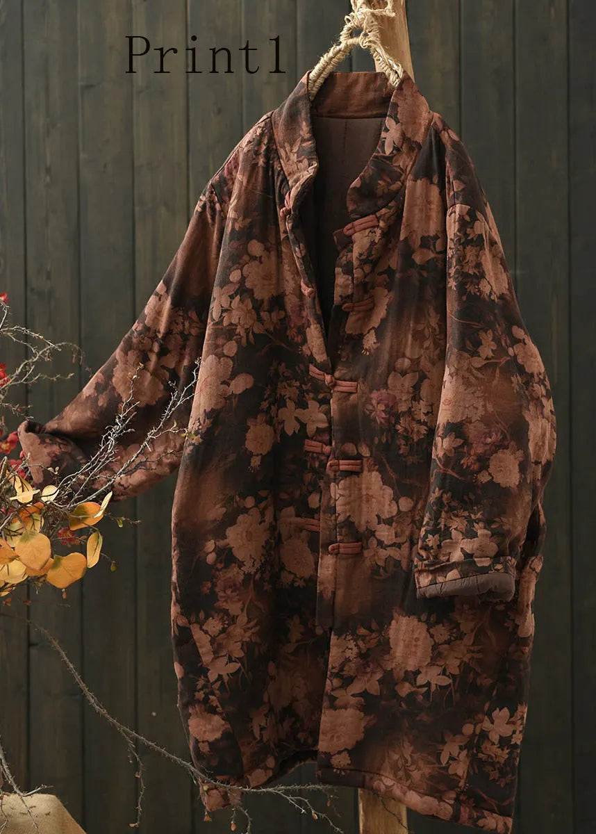 Stand Collar Print Oriental Button Fine Cotton Filled Coat Spring