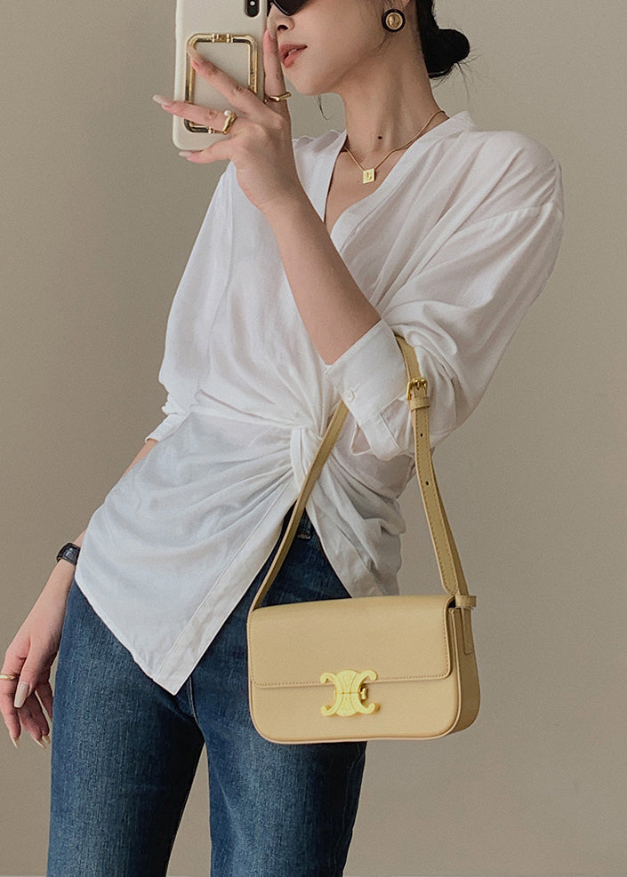 White V Neck Asymmetrical Patchwork Cotton Shirt Tops Long Sleeve