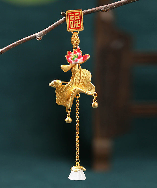 Gold Ancient Gold Jade Lotus Tassel Brooches