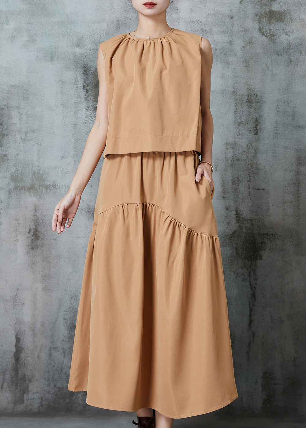 Khaki Patchwork Silm Fit Cotton Two Pieces Set Summer