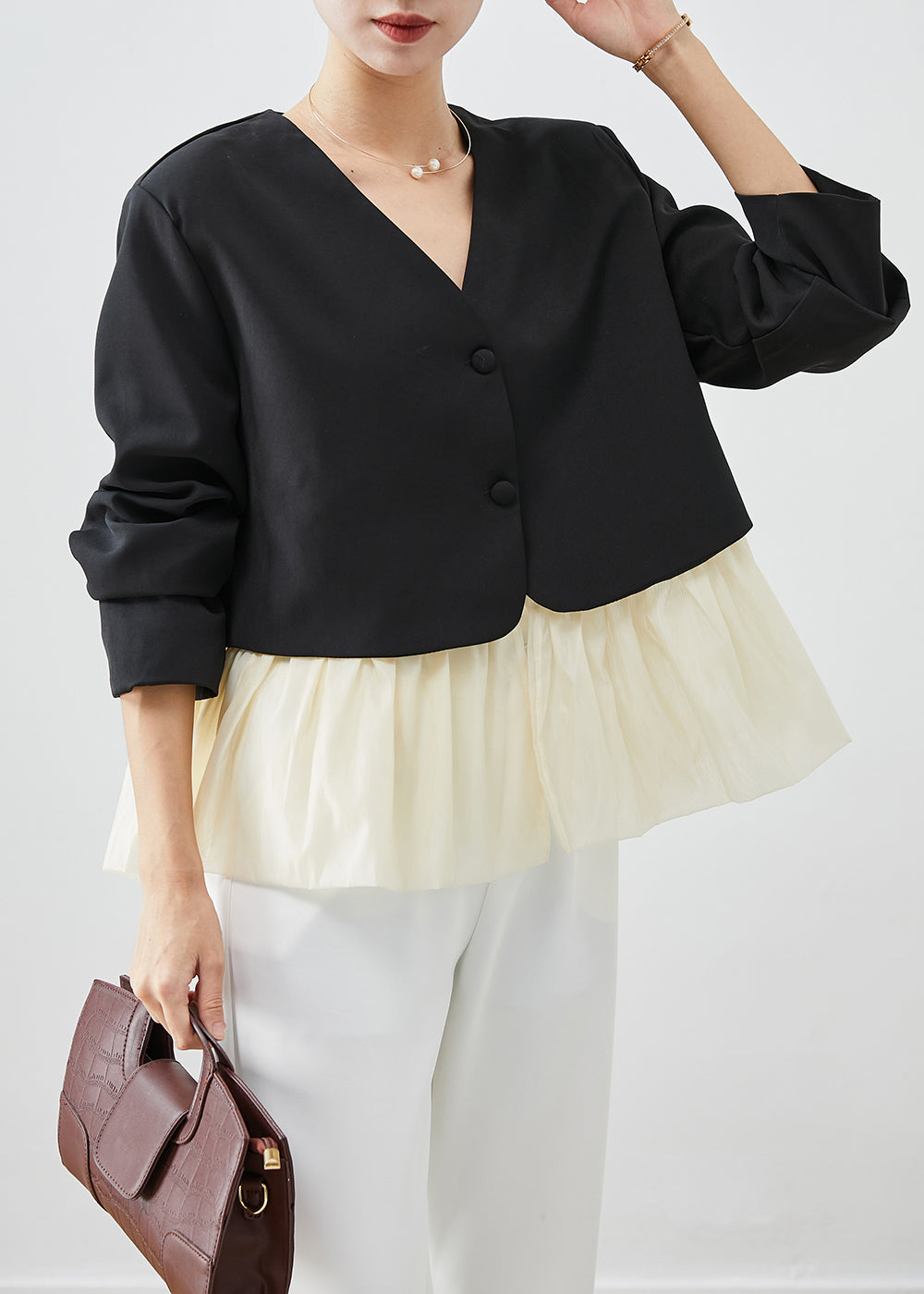 Black V Neck Patchwork Spandex Coats Fall