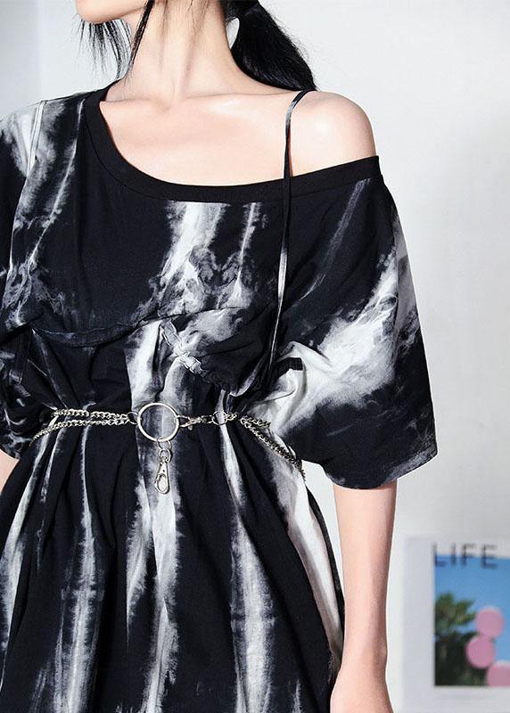 Black Tie Dye One Shoulder Tie Waist Shirt Tops Summer