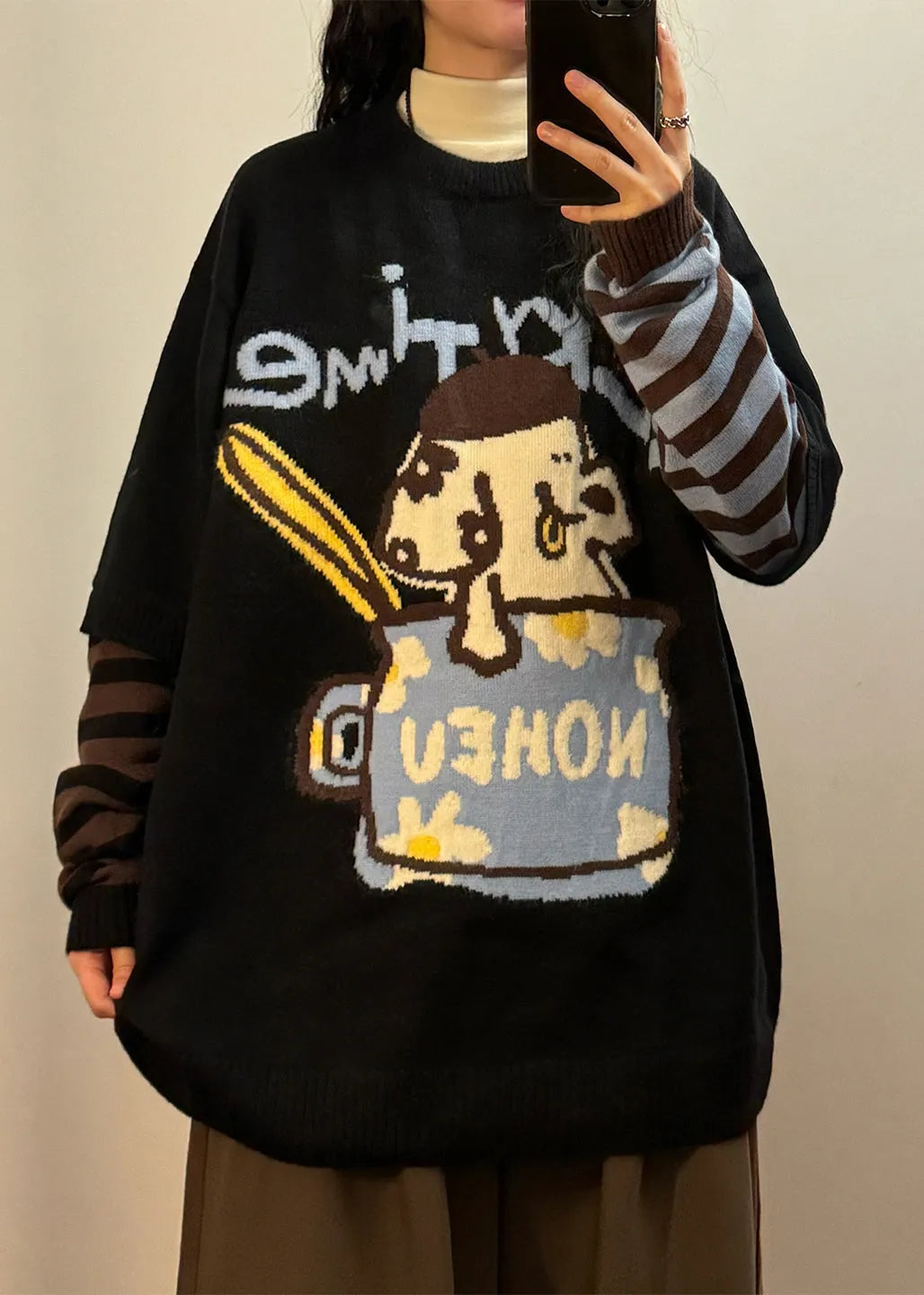 Jacquard Black Asymmetrical Striped Patchwork False Two Pieces Knit Sweaters Spring