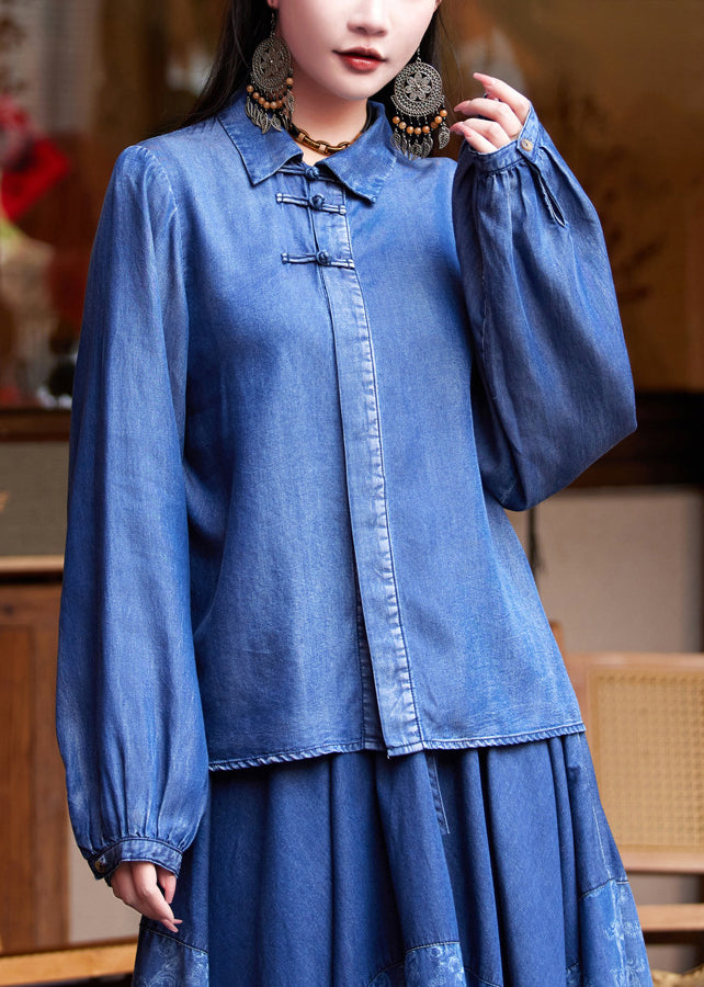Blue Peter Pan Collar Patchwork Button Silk Cotton Denim Shirt Long Sleeve