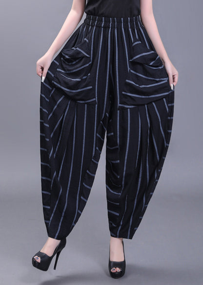 Black Pockets Striped High Waist Cotton Harem Pants Fall