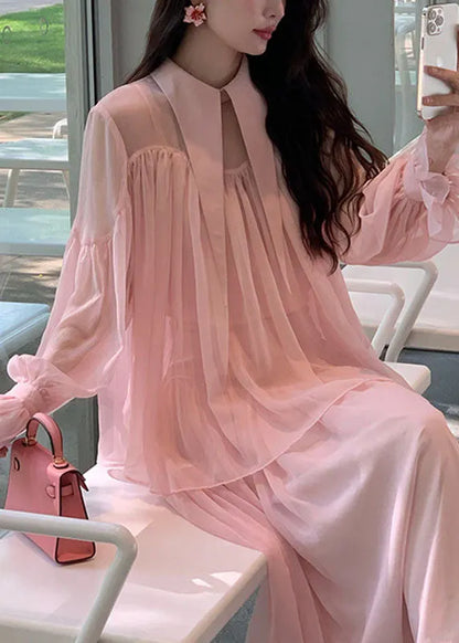 Pink Patchwork Wrinkled Tulle Shirt and Maxi Skirts Two Piece Set Spring