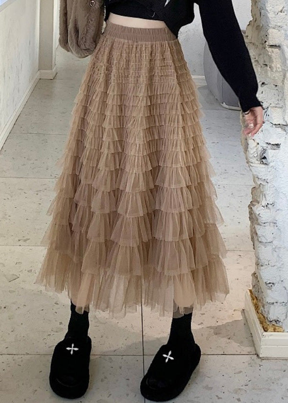 Slim Fit Khaki Elastic Waist Tulle a Line Skirts Spring