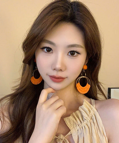 Orange Sterling Silver Alloy Straw Plaited Article Drop Earrings